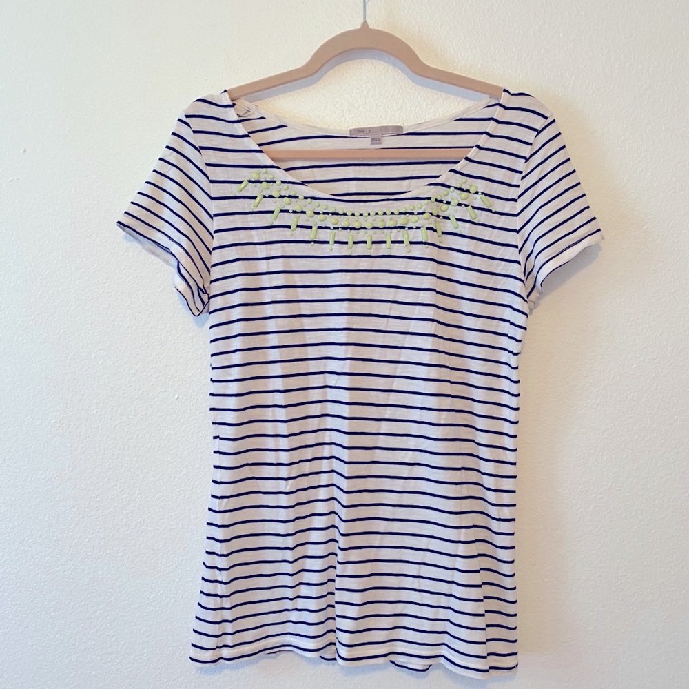 Gap Blue and White Striped and Beaded Tee